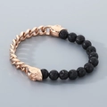 Rose gold skull bracelet with black lava stone beads and flat chain link detail - Rose Gold + Lava Stone (KB70708-BD)