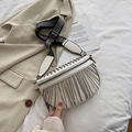 White PU crescent bag with metal chain tassels and adjustable chevron wide strap - Beige