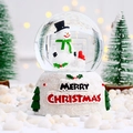 Macro shot of a Christmas snow globe with a snowman, red bird, and Merry Christmas base - Large Snowman With Light