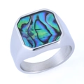 Polished silver stainless steel signet ring for men featuring natural abalone shell inlay - Silver Abalone Shell Style(19402)
