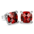 Hip hop 8mm square red zircon stud earrings with silver plating and micro pavé setting - White Gold with Red Zircon