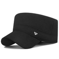 Men's black flat top cadet hat with warm fleece lining and silver metal decorative badge - Adjustable / Black