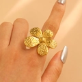 Statement gold stainless steel ring featuring a textured five-petal flower design - Gold (9360)
