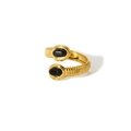 18k gold plated stainless steel open ring with black stones and ribbed texture - Adjustable Open / Black Oval Gemstone Style (TR4022-BK)