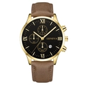 Fashion quartz watch with brown leather strap, gold case, and black calendar dial - Black Dial Gold Hands Gold Case Brown Strap