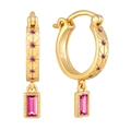 Gold-plated quilted hoop earrings with pink rectangle baguette gems in a frontal view - Quilted Pattern Pink Gemstone Rectangular Earrings / Gold/Pink