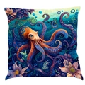 Artistic ocean theme cotton linen pillow cover featuring a detailed blue octopus design - Super Soft Velvet / 45x45cm / Pattern U