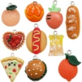Set of 10 colorful resin food charms featuring bread, burger and fruits with metal hooks - Mixed 10Pcs Orange Series Resin Charms
