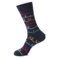 Navy blue mid-calf cotton socks with colorful love text and heart patterns - 1254-Navy Love Heart