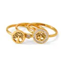 Three-piece gold-plated stainless steel ring set with sparkling Tree of Life and zircon accents - US 6 / Gold (KBJ210)