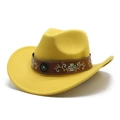 Detail of yellow felt cowboy hat featuring floral embroidery on brown leather band - M (56-58cm) / Yellow