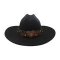 Black felt jazz fedora with brown embossed band and bronze heart rhinestone buckle - Black