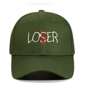 Detailed embroidery view of LOSER letter stitching with red V overlay on dark green twill cap - Adjustable / Army Green