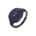 Detail of 18K gold plated square ring with deep blue pavé stones and rectangular crystals - Gun Black Blue Zircon