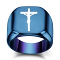 Blue and purple gradient stainless steel signet ring with engraved cross symbol - US 5 / Blue