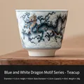 Taza de té de porcelana azul y blanca con dragón dorado, 45ml de capacidad con medidas - 45ml / Dragón Azul y Blanco Dorado