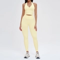 Ensemble de yoga côtelé jaune clair sans couture avec crop top et legging taille haute - L / Haut Et Bas / Soutien-gorge de sport + Leggings / Jaune Clair de Lune