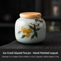 Mini celadon ceramic tea canister with yellow loquat pattern and wooden lid - Hand Painted Ice Crackle - Loquat