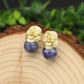 Vintage golden rose stud earrings with natural blue lapis lazuli stone sphere - Lapis Lazuli Stud Earrings