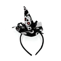 Halloween headband with black mini witch hat featuring skull patterns and mesh ribbon - Skull Pattern