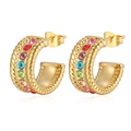 Vintage gold hoop earrings with twisted texture and colorful gemstone inlays - Gold Plated With Colorful Zirconia