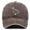 Detail of the silly goose embroidery on a vintage washed cotton baseball cap - Coffee