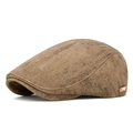 Gorra plana estilo vintage británico en tela caqui texturizada con parche de cuero - café