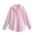 Women's pink and white vertical striped cotton oxford shirt with a loose fit design - Pink Vertical Stripe