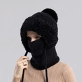 Bonnet en tricot noir d'hiver avec doublure polaire, masque intégré et pompon en fourrure - Noir