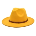 Detail of bright yellow wool fedora hat featuring a brown braided leather band decoration - M (56-58cm) / Yellow