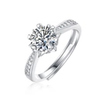 Close-up of a silver adjustable ring featuring a round center stone and pavé accents - Adjustable Open / Round Solitaire Cluster Style (R11528-6.5mm/1 Carat)