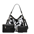 Close-up of three-piece set featuring cow pattern tote and matching black clutches - 3-Piece Set Black Cow Print