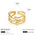 Gold stainless steel multi-layer hollow cross ring with white zircons, 11mm width size - Adjustable Open / Gold Multi-layer Wrap 5-Stone Zircon Style (NB-R24322)