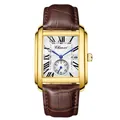 Men's rectangular gold quartz watch with white Roman dial and brown leather strap - Gold Case White Dial Brown Strap