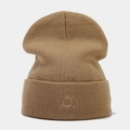 Detail of light brown ribbed beanie with white sun embroidery on the folded cuff - Khaki