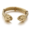 Punk style golden cable twist cuff bracelet featuring detailed lion head ends for men - Lion Head (KB144752-KFC) / Gold