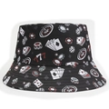 Detail shot of black bucket hat with casino prints including poker chips and roulette - Style 12-Black Casino Poker