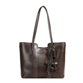 Grand sac cabas marron foncé avec surpiqûres contrastées blanches et charm chat - Café Avec Pendentif