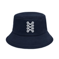 Detail of navy blue cotton bucket hat featuring a white cross-lace screen print pattern - M (56-58cm) / Navy Blue