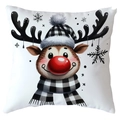 Housse de coussin de Noël blanche moderne avec renne mignon, bonnet et écharpe - 45x45cm / Renne au chapeau à carreaux