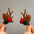 Brown reindeer antler hair clips with festive red and green plush pom-pom decorations - Sherpa Antlers Coffee (Pair)