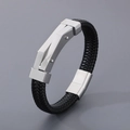 Men's black braided leather bracelet with geometric stainless steel accents and magnetic clasp - 19cm / Style A Steel Color (KB166228-KFC)