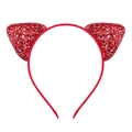 Close-up of glittery red cat ears headband for girls with sparkling sequins and fabric wrap - Red
