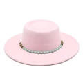 Pink flat-top boater hat featuring a turquoise beaded ethnic style decorative band - M (56-58cm) / Pink