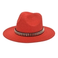 Close-up of a dark red woven straw fedora featuring a black studded leather band - M (56-58cm) / Red