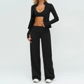 Zwarte yoga-set 3-delig met ritsjack, V-hals beha en broek met wijde pijpen hoge taille - S / 4510-2 Jasje + 5529 Beha + 5529-2 Broek Met Wijde Pijpen (driedelige Set) Hoogwaardig Zwart