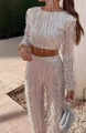 Silver sequin tassel two-piece party set featuring a cropped top and wide-leg trousers - S / Champagne