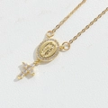 Vintage gold plated Virgin Mary medallion and cross pendant necklace with white zircons - Virgin Mary Double Pendant Cross