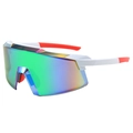 Cycling sunglasses with white frame, red temples, and colorful mirrored sports lenses - White Frame Green Mirror