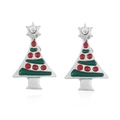 Silver Christmas tree stud earrings with green enamel and star rhinestone on white background - Silver Christmas Tree Studs